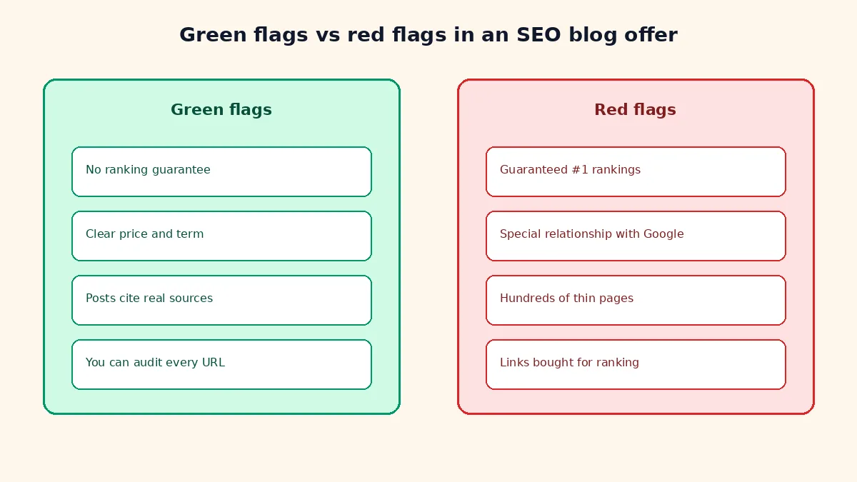 Two columns of green flags and red flags: no ranking guarantee, clear price and term, posts citing real sources and URLs you can audit, versus guaranteed number one rankings, a claimed special relationship with Google, hundreds of thin pages and links bought for ranking